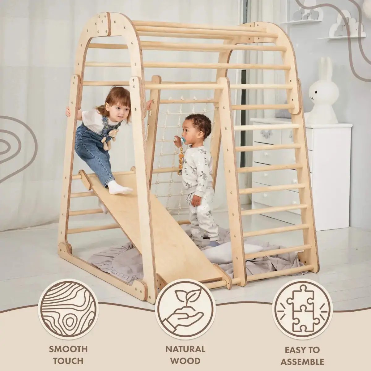 Goodevas 6in1 indoor wooden playground for children with slide and climbing ladder, natural wood