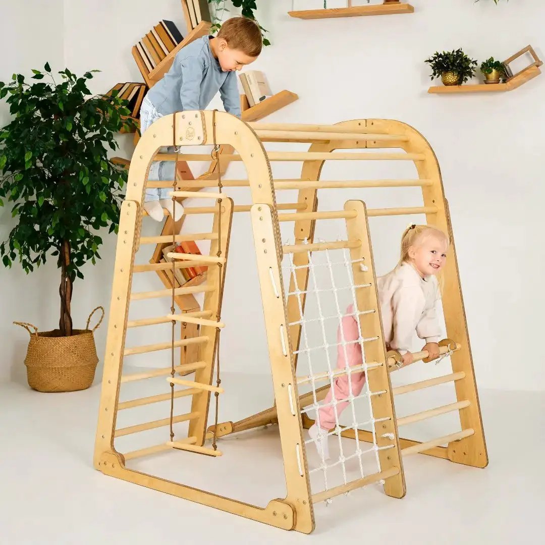 Goodevas indoor 6in1 wooden playset for kids with swings, slide and climbing ladders