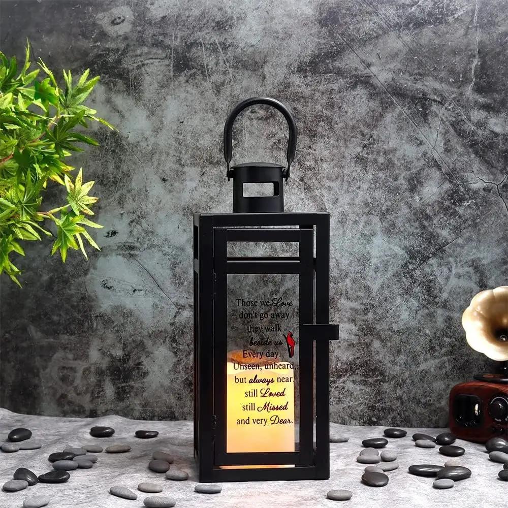 12''H Memorial Lantern in matte black by JHY DESIGN, decorative candle lantern with glass panel and warm glow