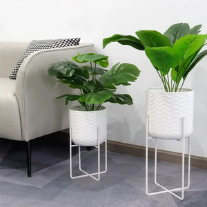 Planters with stands set of 2 in bright white, 17 and 12 in tall, zigzag textured pots by JHY DESIGN