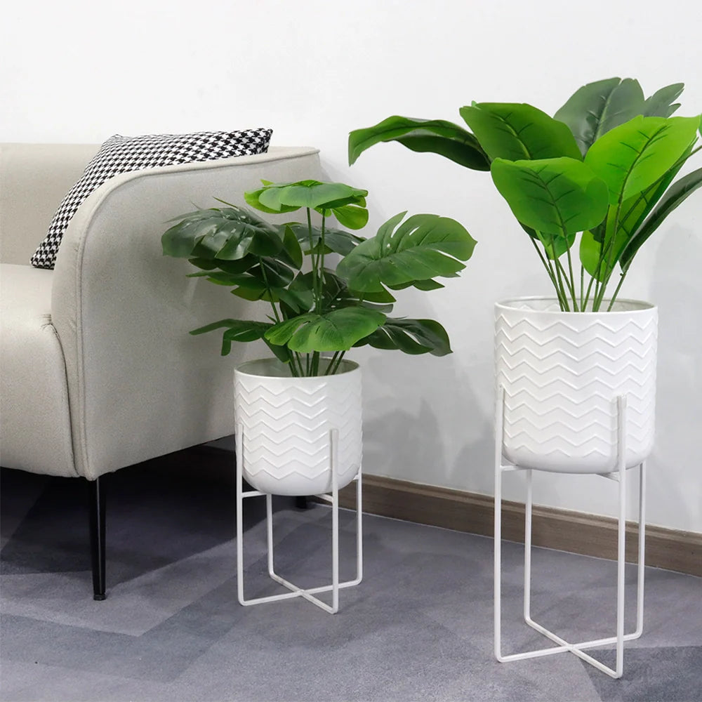 Set of 2 Planters With Stand 17&12 (Bright White)