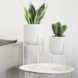 Set of 2 white zigzag-pattern planters on metal stands with a snake plant and a cactus by JHY DESIGN