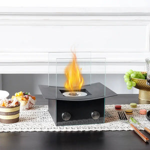 8-inch H portable tabletop fireplace by JHY DESIGN, black base with glass guard and visible flame