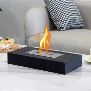 Square tabletop fire bowl with two glass panels on a black base by JHY DESIGN, gel/ethanol fireplace.