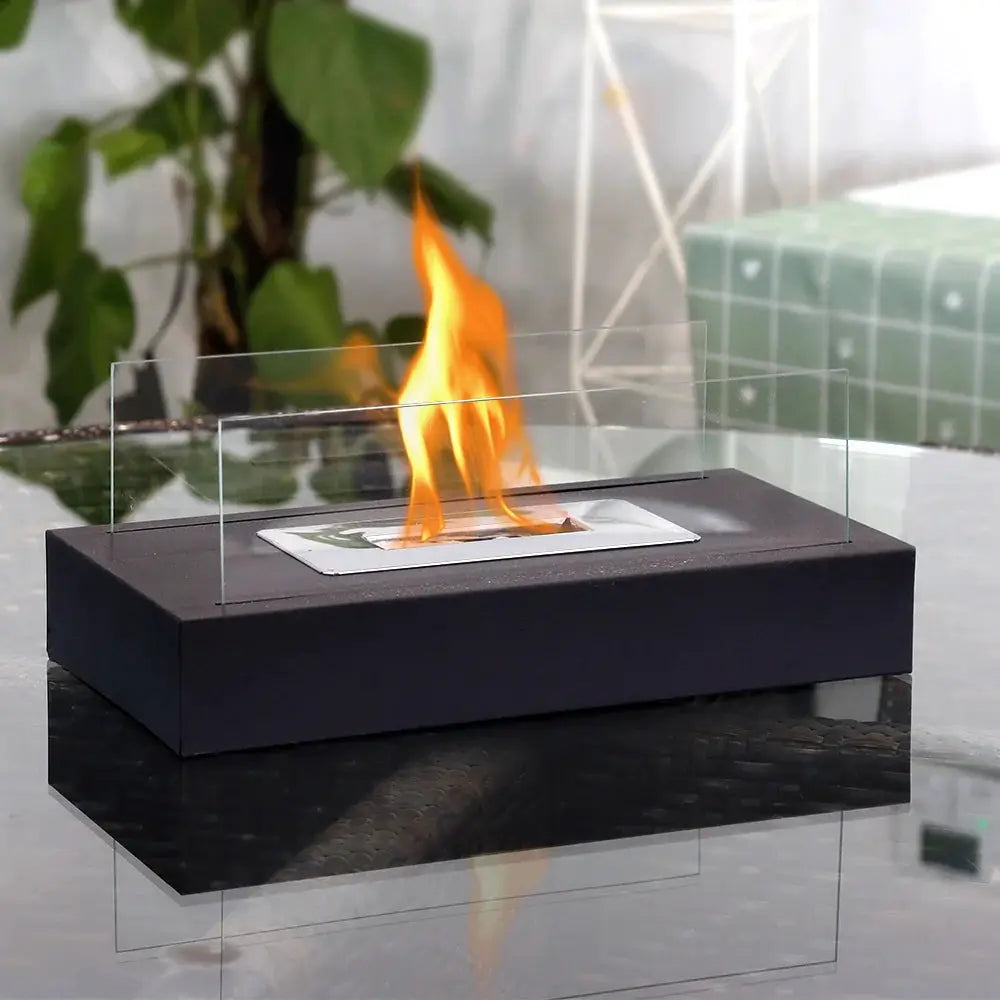 JHY DESIGN square tabletop fire bowl pot with two-sided glass panels, black base