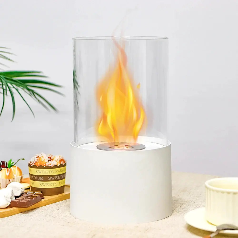 11.4H white round portable tabletop fireplace by JHY DESIGN with glass cylinder and flame