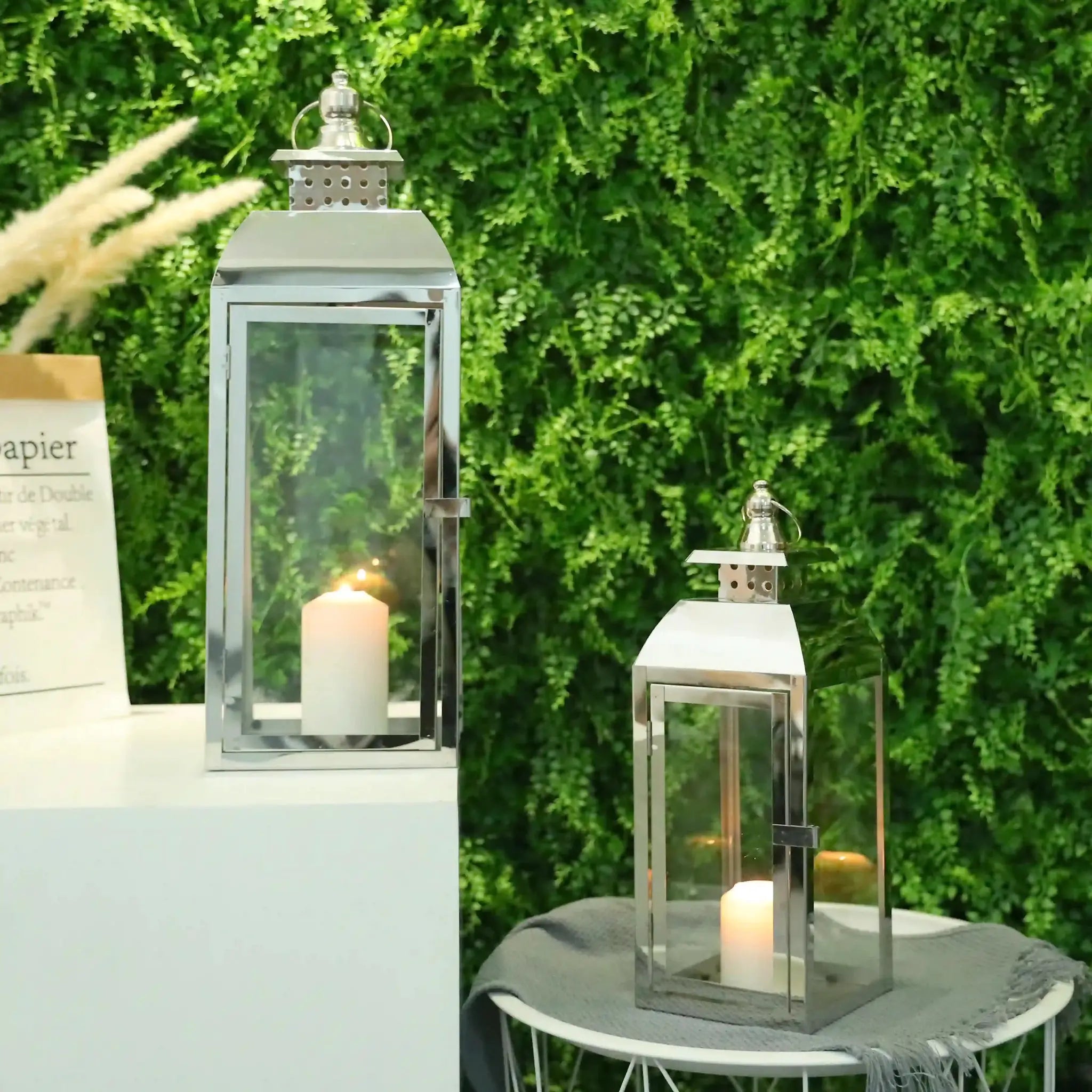 Decorative candle lanterns, stainless steel, set of 2, 20.5 and 15 inches tall, with glass panels
