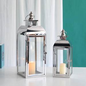 JHY DESIGN stainless steel decorative candle lanterns, silver finish, set of 2