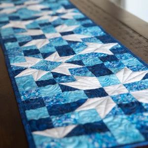 Quilt Kit Standout Stars in Icy Blue Quilted Table Runner by Block Party Quilt Co, cotton fabric with white star blocks.