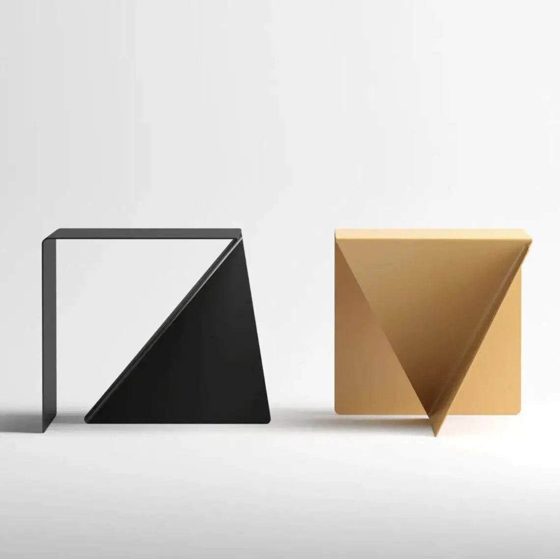 Japanese Style Asymmetrical Metal Coffee Table set; two modern tables in black and gold with geometric triangles
