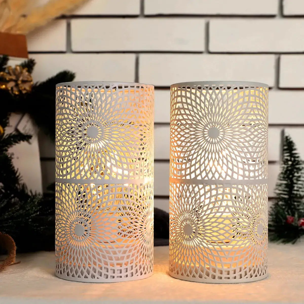 Battery powered table lamps set of 2 by JHY DESIGN with white lattice metal shades and warm glow