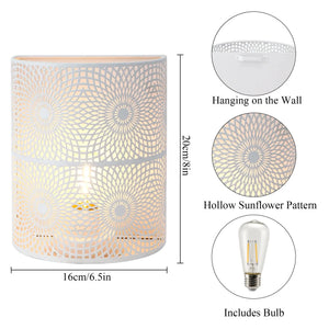Set of 2 Sunflow white wall sconces, battery-powered, 8'' tall with hollow sunflower lattice pattern, includes bulb