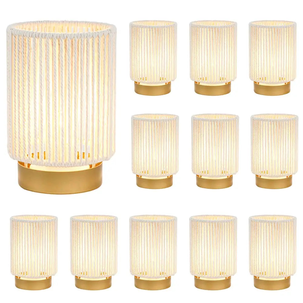 Set of 2 braided cotton rope table lamps, battery operated, with gold bases
