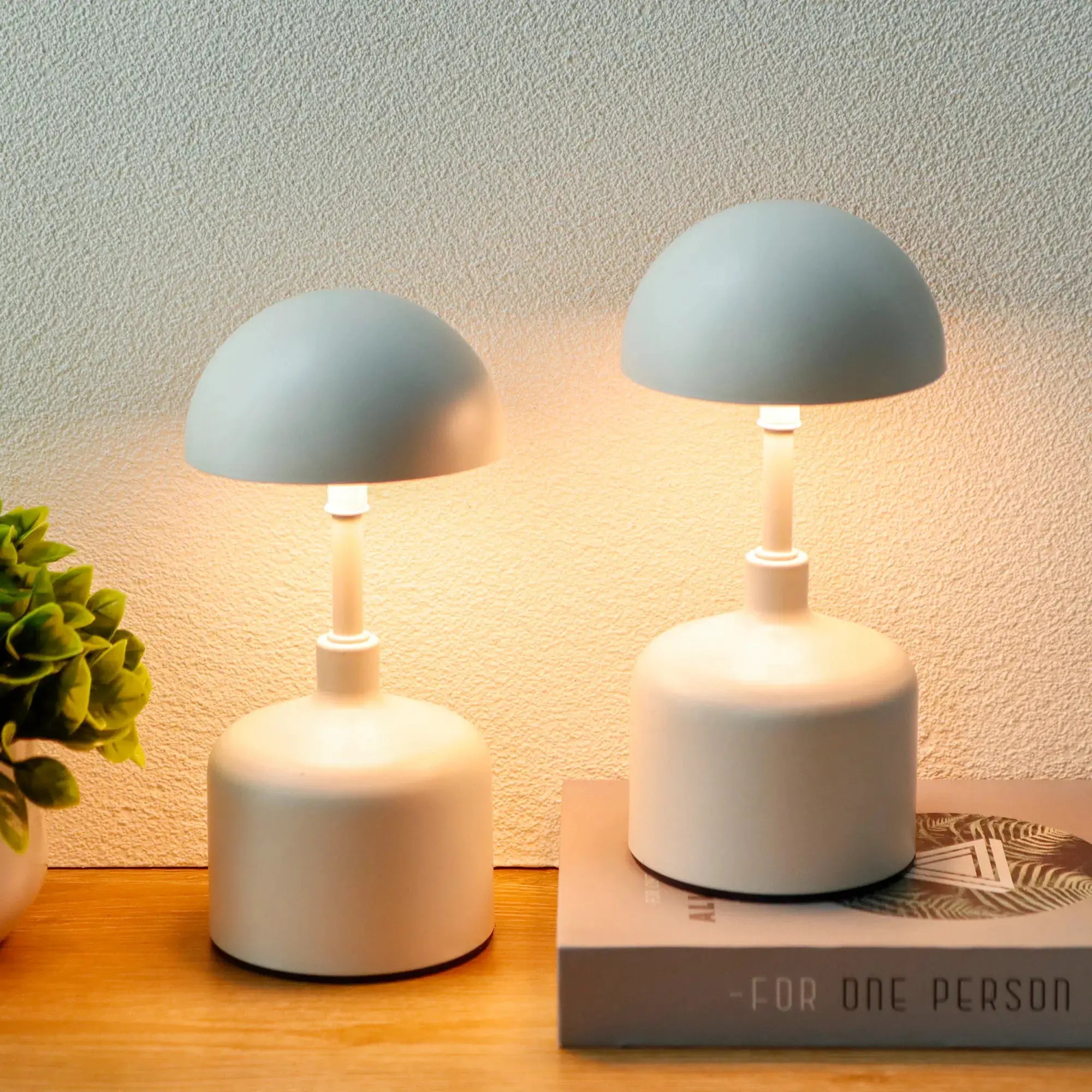 Set of 2 rechargeable mushroom lamps with gray-blue dome shades on white stems