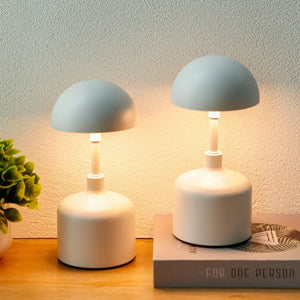 Set of 2 rechargeable mushroom lamps with gray-blue dome shades on white stems