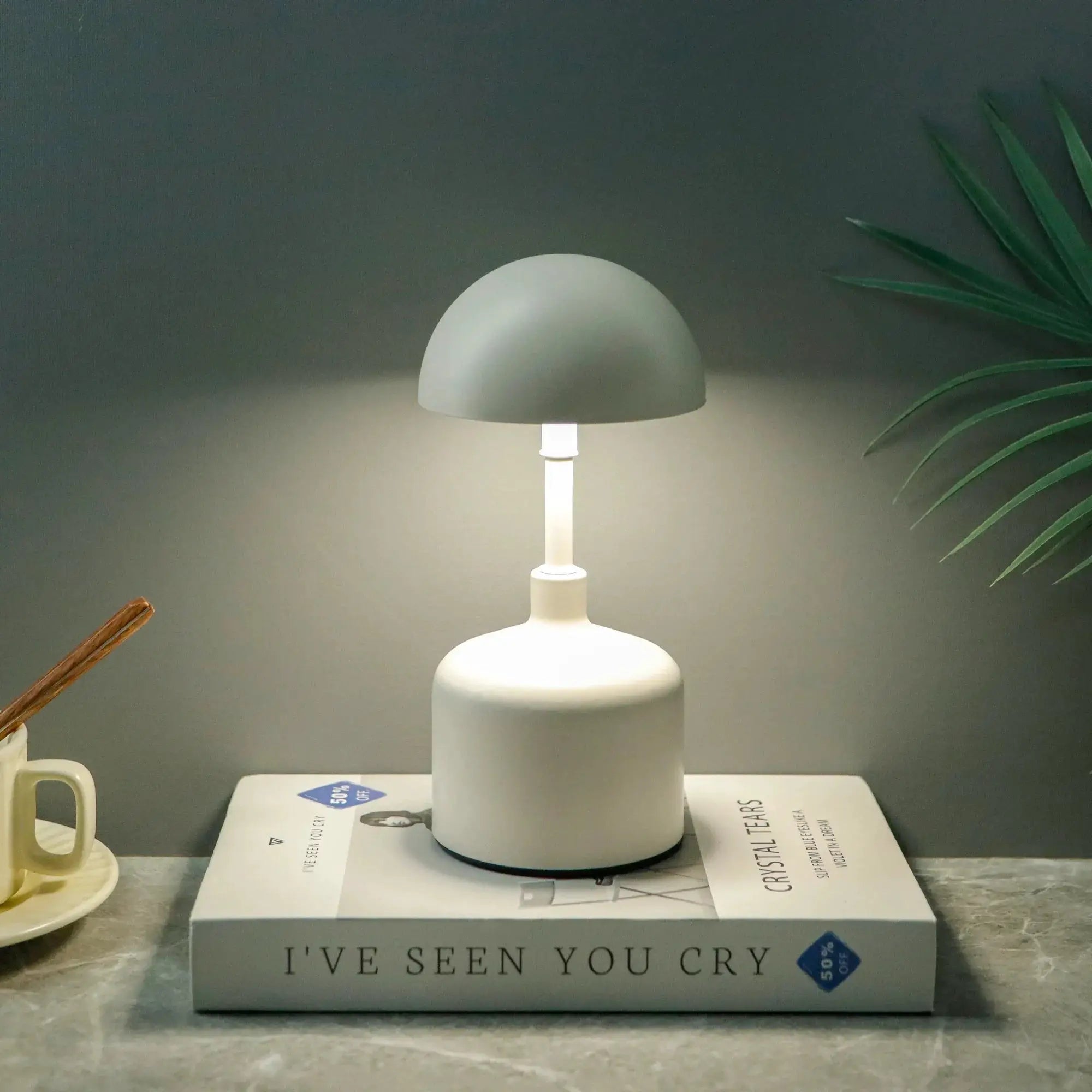 Set of 2 rechargeable mushroom lamps; white bases with gray dome shades