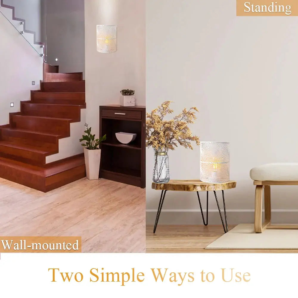 Set of 2 8''H wall battery-powered lamps, Sunflow white, with decorative perforated pattern.