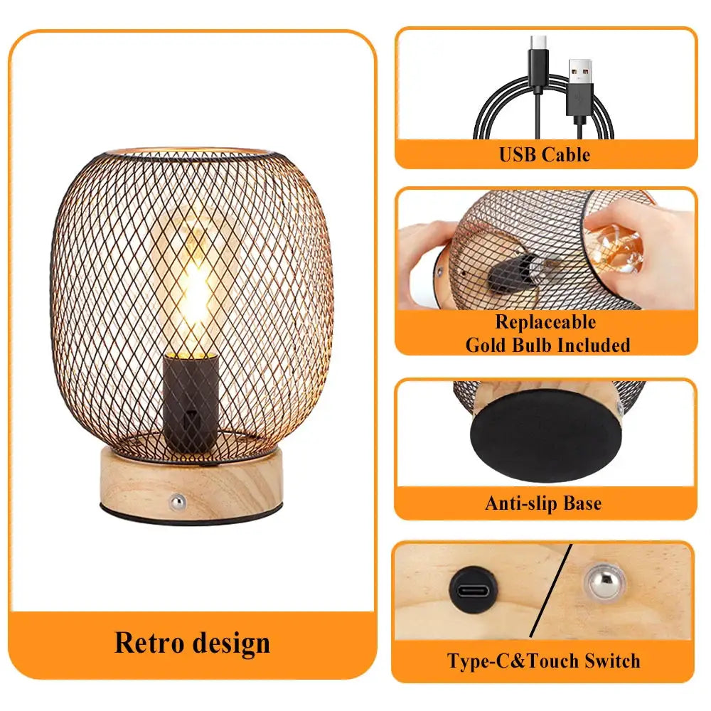 Table lamp 7.5''H, JHY DESIGN, wooden base with bronze cage; includes replaceable gold bulb and USB cable; touch switch.