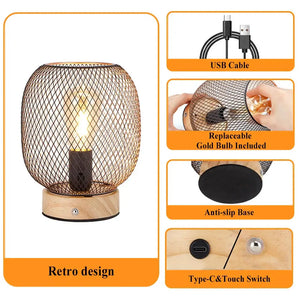 Table lamp 7.5''H, JHY DESIGN, wooden base with bronze cage; includes replaceable gold bulb and USB cable; touch switch.
