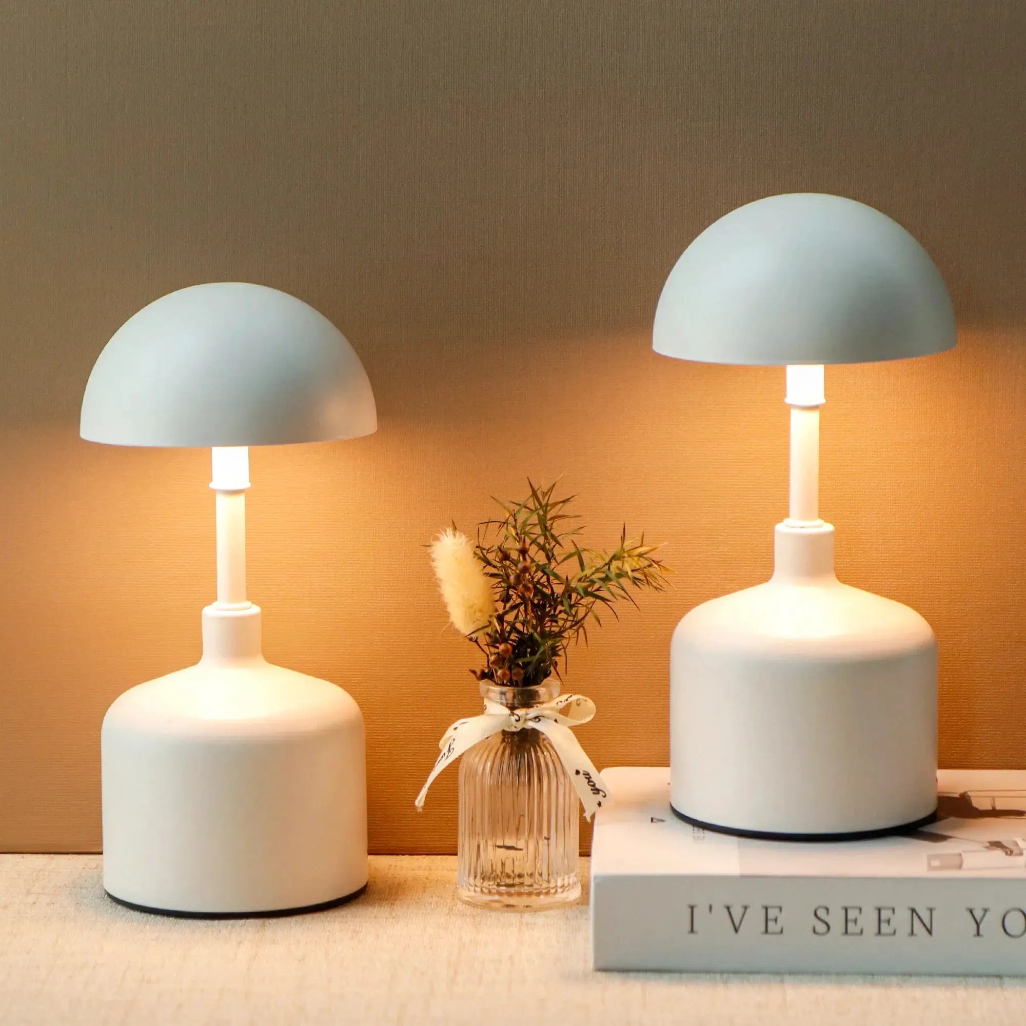 Set of 2 JHY DESIGN mushroom lamps; blue domes with white bases, cordless rechargeable.