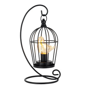 JHY DESIGN 12in tall battery-operated birdcage lamp, black metal cage with glowing bird on a curved stand