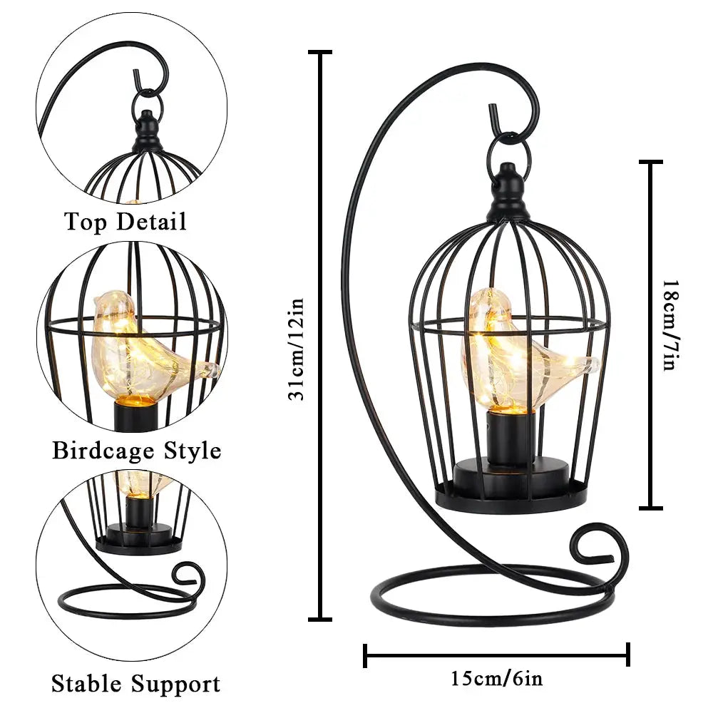 JHY DESIGN 12-inch tall battery-operated birdcage lamp, black metal cage with curved stand and warm Edison bulb