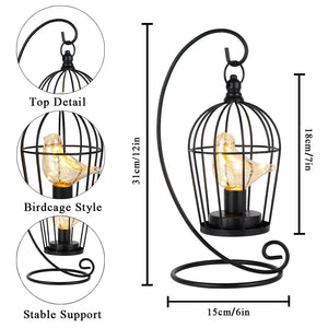 JHY DESIGN 12-inch tall battery-operated birdcage lamp, black metal cage with curved stand and warm Edison bulb
