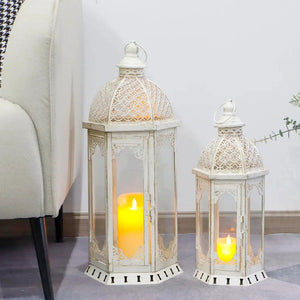Set of 2 decorative candle lanterns, vintage metal with glass panels in grey distressed finish, by JHY DESIGN