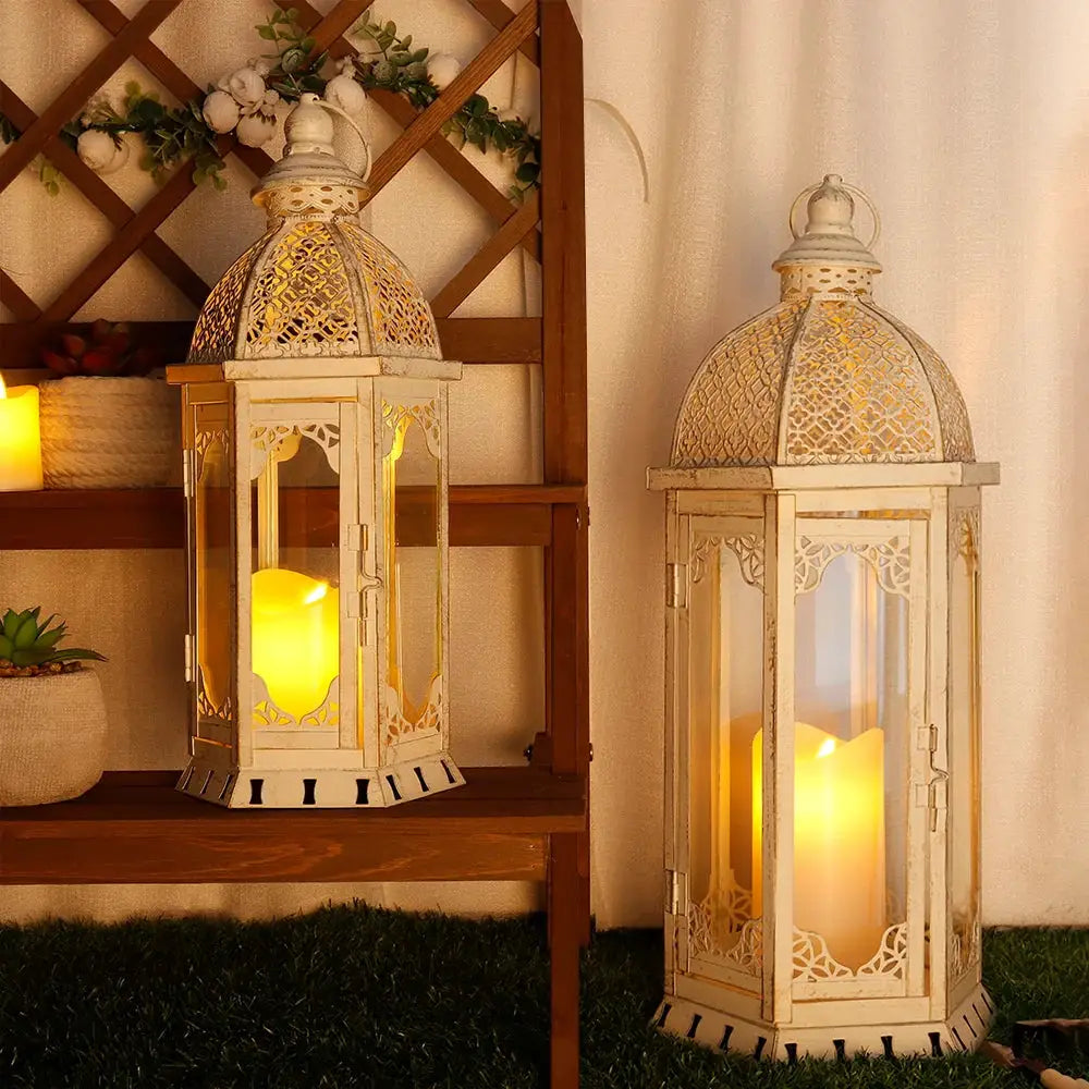 Set of 2 vintage metal candle lanterns, grey with black brush finish; 22-inch and 17-inch tall decorative lanterns