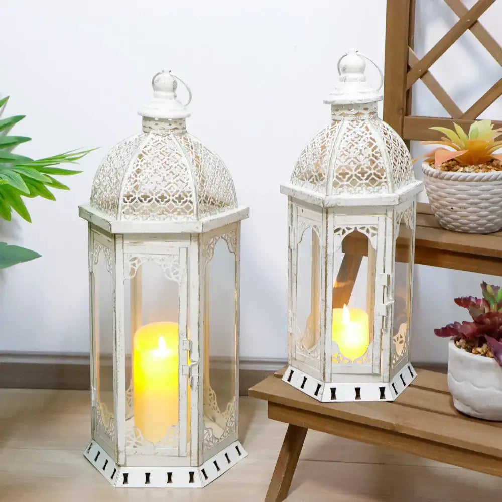 Set of 2 vintage metal candle lanterns, 22" and 17" tall, grey distressed finish, glass panels, by JHY DESIGN