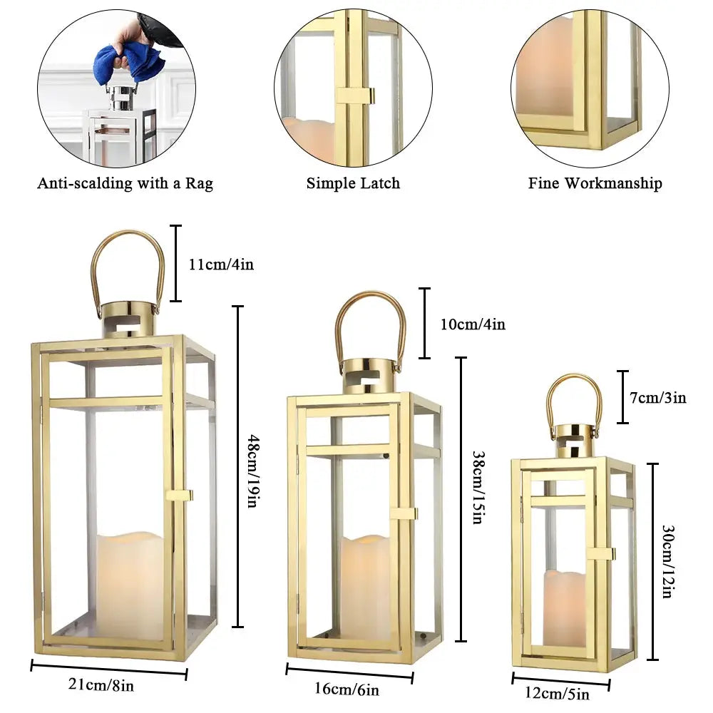 Set of 3 gold stainless steel decorative candle lanterns with glass panels by JHY DESIGN