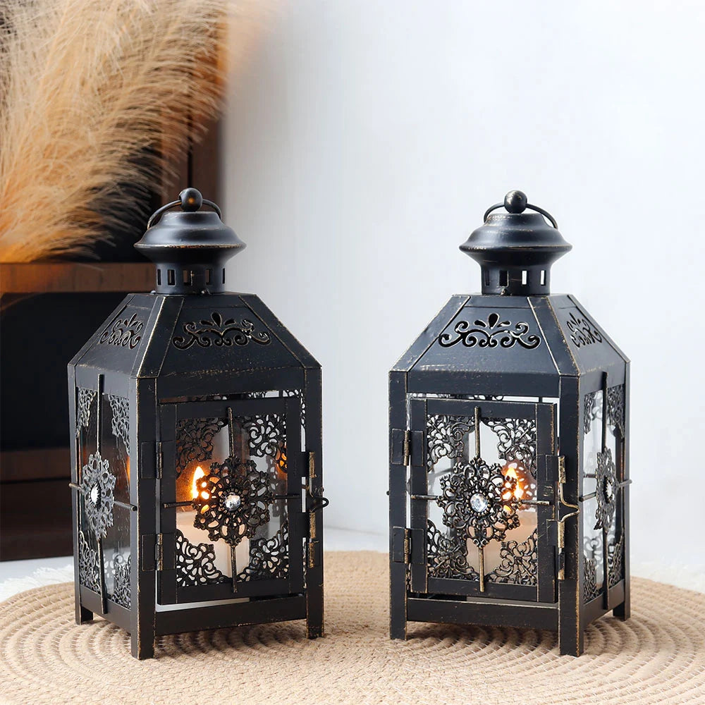 JHY DESIGN Set of 2  Decorative Candle Lantern 9.5" High Metal Candle Lantern