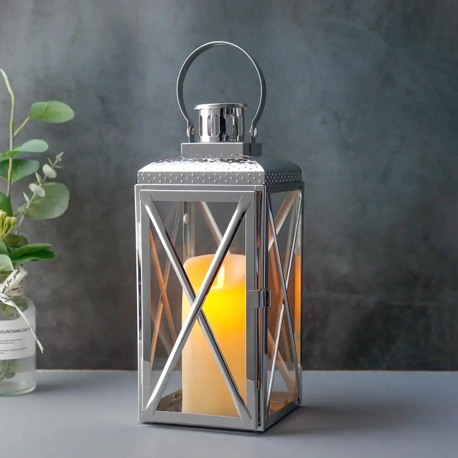 14 in H square stainless steel decorative candle lantern with glass panels