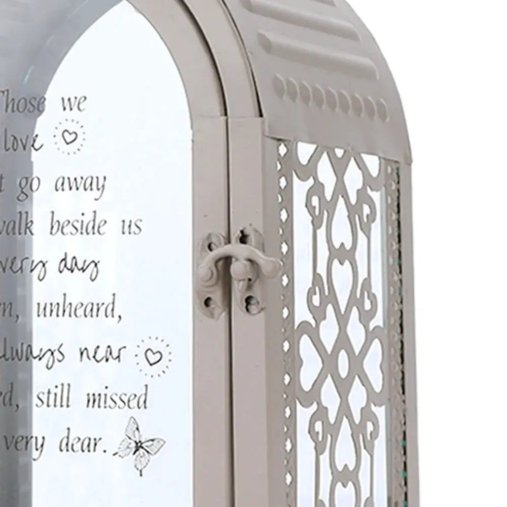 11-inch grey memorial remembrance lantern with inscribed glass panel and metal lattice sides