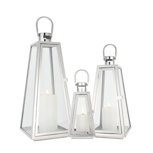 Set of 3 stainless steel lanterns with glass panels in heights 21, 16 and 11 inches by JHY DESIGN