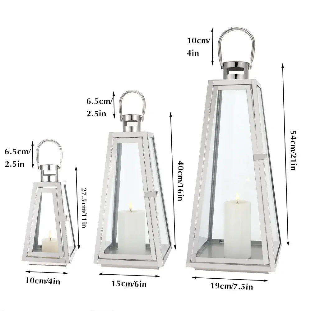 Set of 3 stainless steel decorative candle lanterns by JHY DESIGN; 11, 16, and 21 inches tall with glass panels.