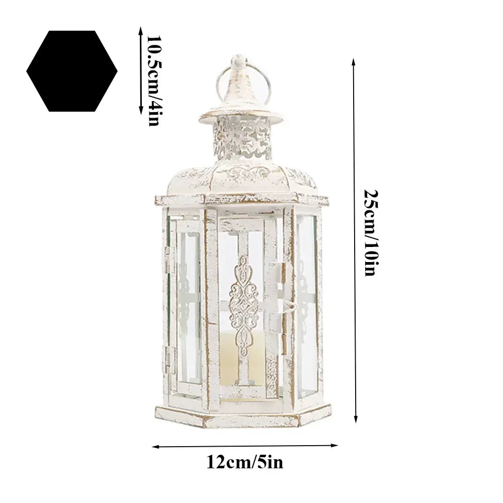 10-inch vintage-style hanging metal candle lantern by JHY DESIGN with distressed white finish and glass panels