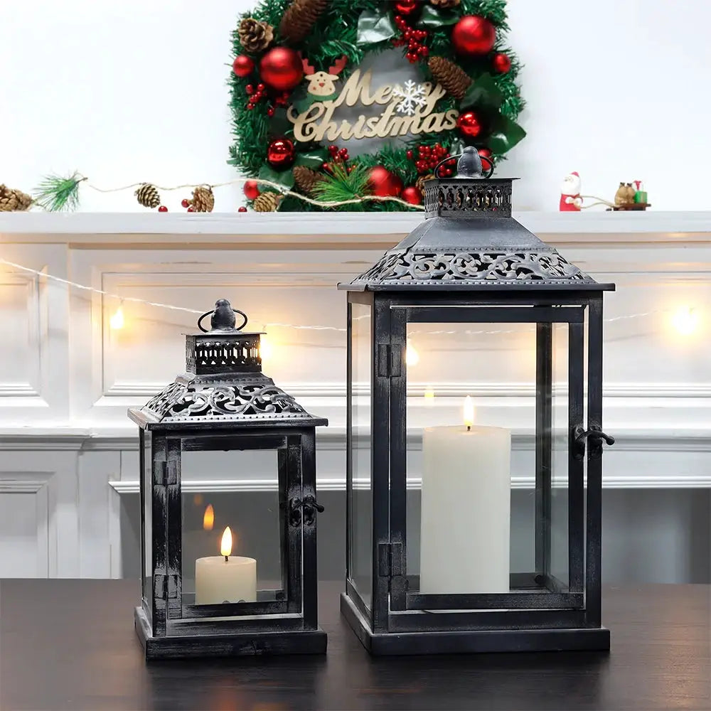 Antique grey brush decorative candle lanterns, set of 2, with glass panels by JHY DESIGN