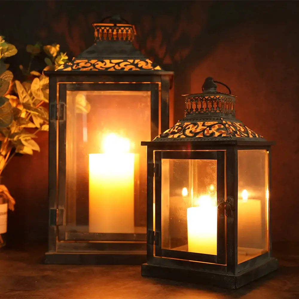 Antique grey brush decorative lanterns set of 2 with glass panels, ornate tops by JHY DESIGN outdoor candle lanterns