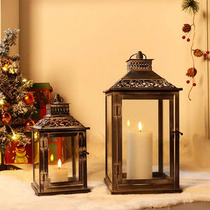 Antique grey brush decorative lanterns set of 2 by JHY DESIGN, outdoor candle lanterns with glass panels.