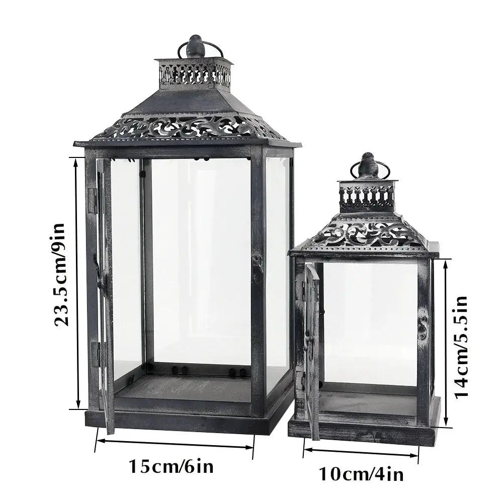 Antique grey brush decorative lanterns set of 2 with glass panels; outdoor candle lanterns by JHY DESIGN.