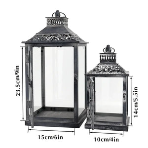 Antique grey brush decorative lanterns set of 2 with glass panels; outdoor candle lanterns by JHY DESIGN.