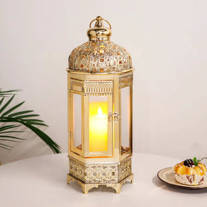 Moroccan candle lantern 16in gold hexagonal with intricate filigree by JHY DESIGN