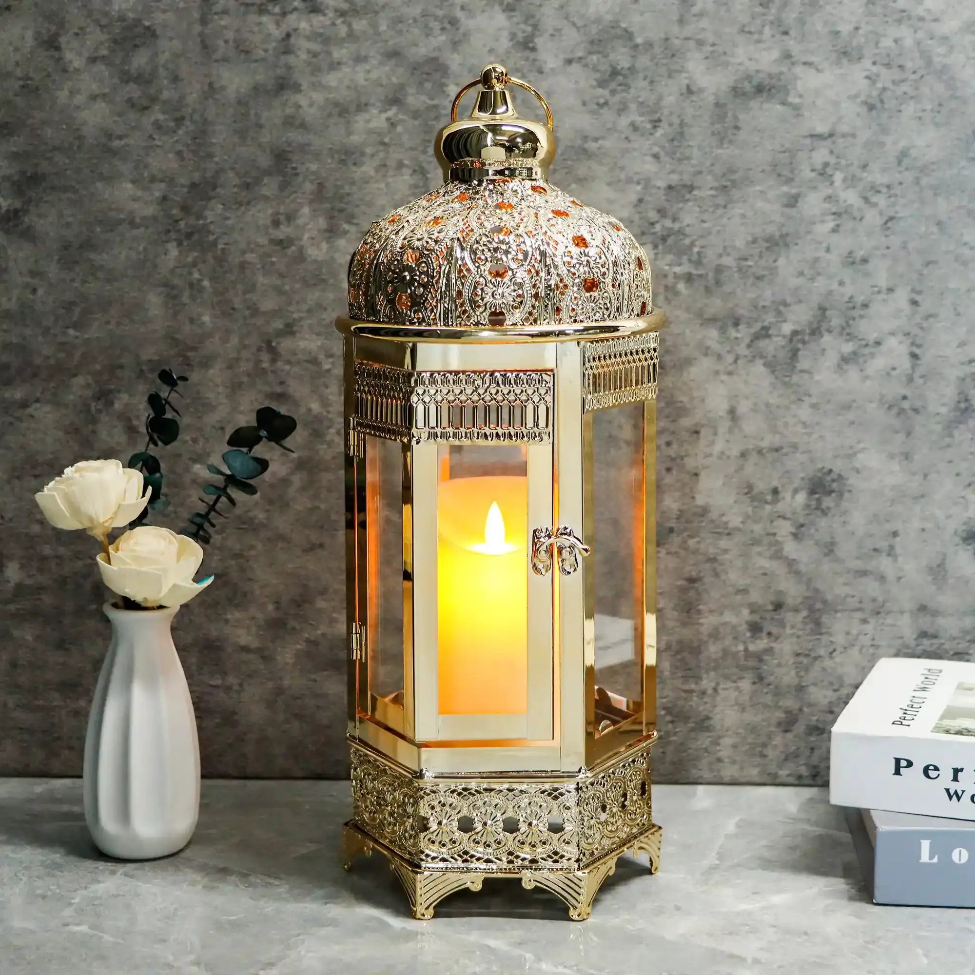 Moroccan candle lantern 16'' gold hexagonal metal holder by JHY DESIGN, ornate filigree with warm glow.