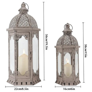 Set of 2 vintage metal candle lanterns, grey with black brush finish, glass panels, 50 cm and 38 cm tall