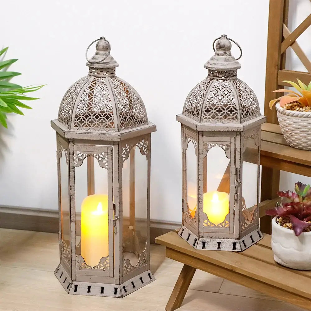 Set of 2 vintage grey metal candle lanterns with black brush finish, 22 and 17 inches tall, JHY DESIGN.