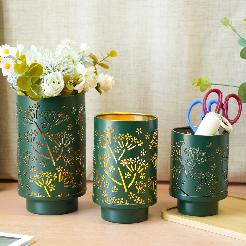 Set of 3-7.5“H Metal Green Candle Holders