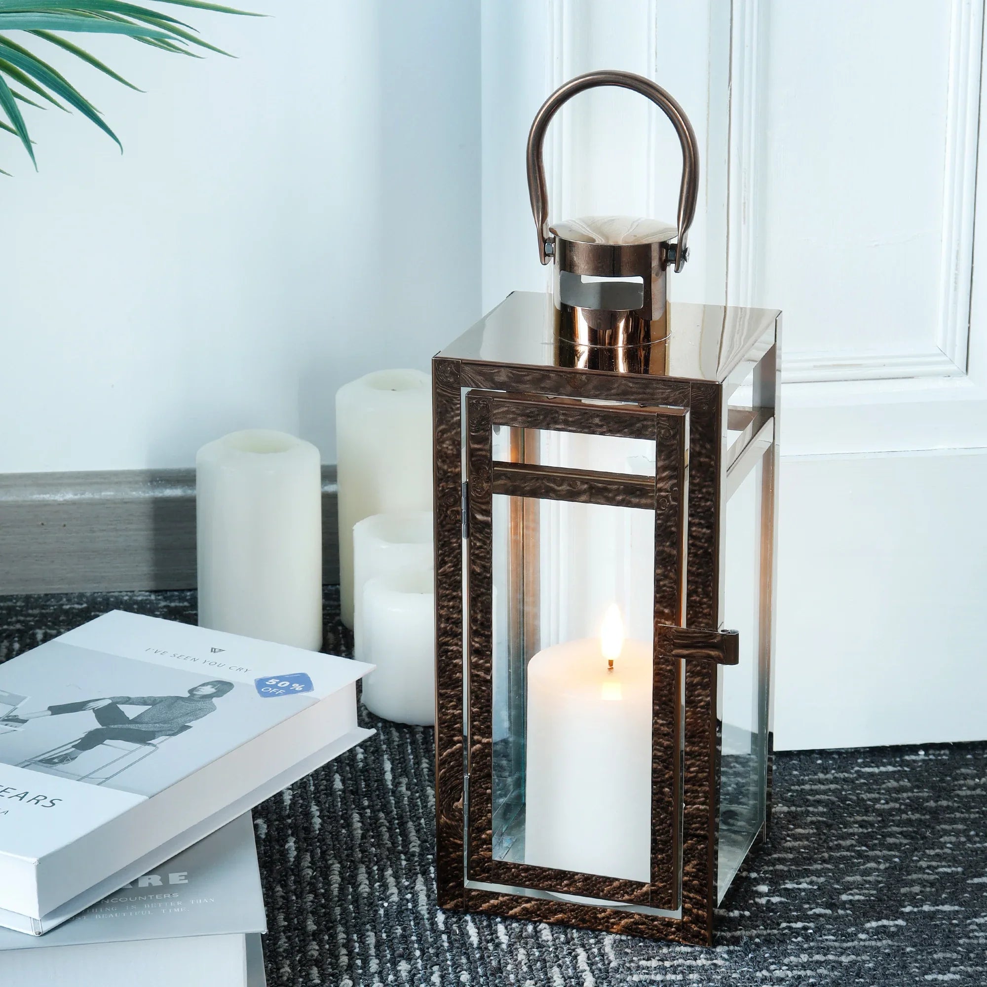 12-inch rose gold metal decorative candle lantern with arched handle by JHY DESIGN