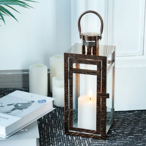 12-inch rose gold metal decorative candle lantern with arched handle by JHY DESIGN
