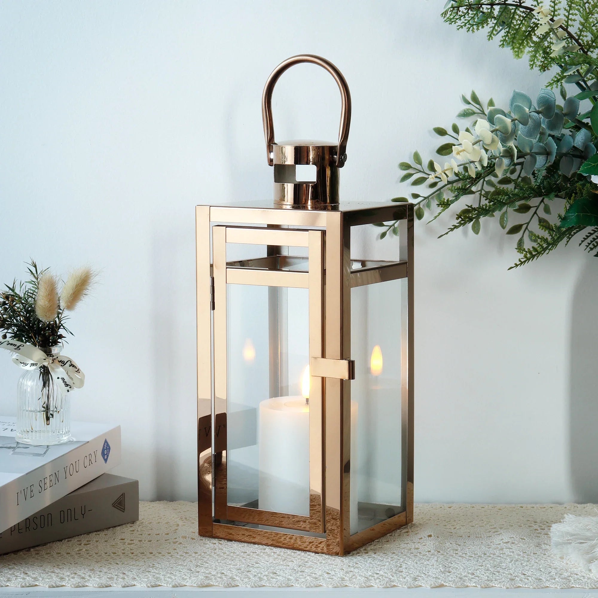12'' High rose-gold metal decorative candle lantern with glass panels and hanging handle by JHY DESIGN